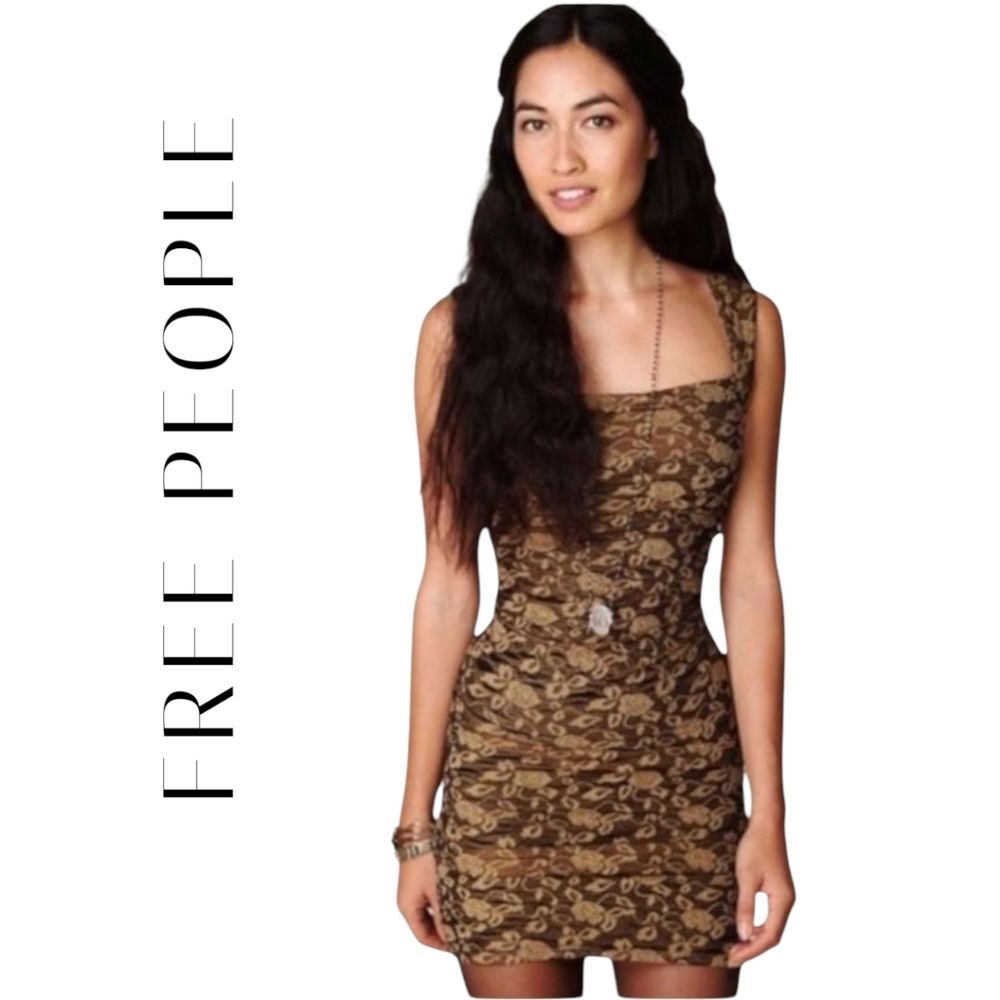 NWT Free People Dress Floral Bodycon Ruched Mini Dress Brown Gold M